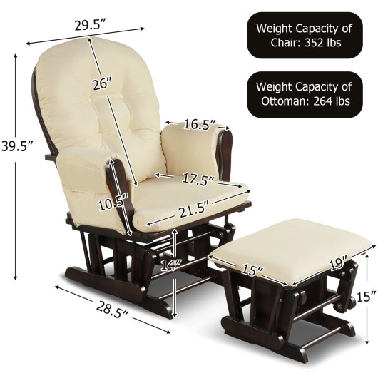 Wood Glider and Ottoman Set with Padded Armrests and Detachable Cushion-Beige - Image 6