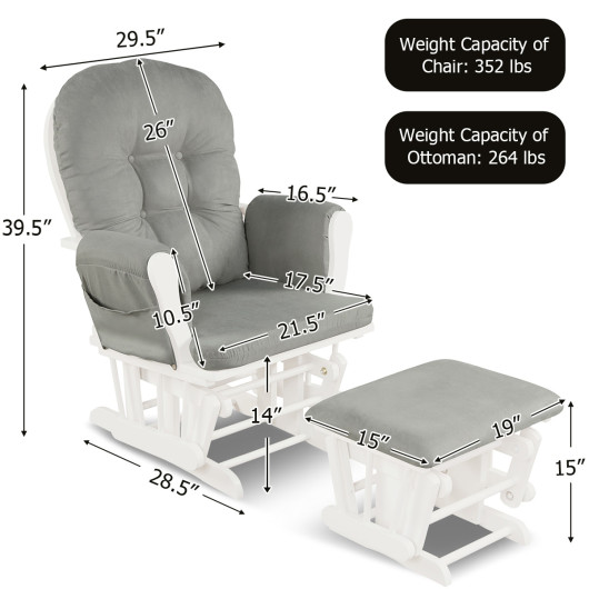 Wood Glider and Ottoman Set with Padded Armrests and Detachable Cushion-Light Gray - Image 6