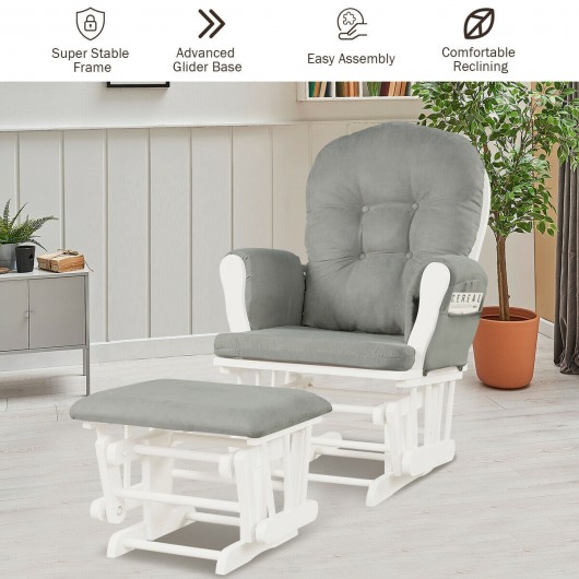 Wood Glider and Ottoman Set with Padded Armrests and Detachable Cushion-Light Gray - Image 3