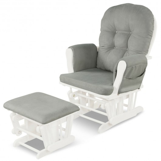 Wood Glider and Ottoman Set with Padded Armrests and Detachable Cushion-Light Gray - Image 4