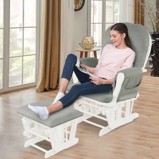 Wood Glider and Ottoman Set with Padded Armrests and Detachable Cushion-Light Gray - Image 2