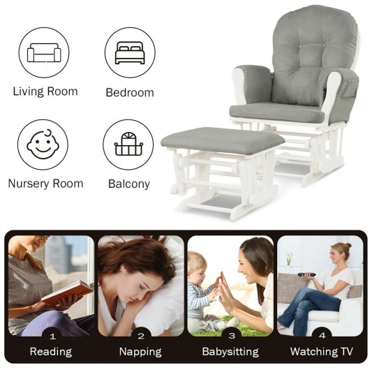Wood Glider and Ottoman Set with Padded Armrests and Detachable Cushion-Light Gray - Image 5