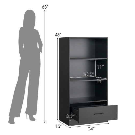 48 Inch Tall 4 Tiers Wood Bookcase with Drawer-Black - Image 4