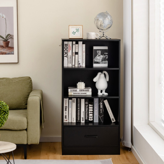 48 Inch Tall 4 Tiers Wood Bookcase with Drawer-Black - Image 2