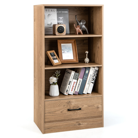 4-Tier Storage Bookcase with Open Shelves Drawer and Anti-toppling Device-Natural - Image 2