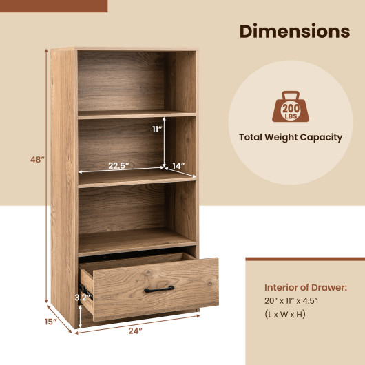 4-Tier Storage Bookcase with Open Shelves Drawer and Anti-toppling Device-Natural - Image 3