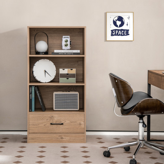 4-Tier Storage Bookcase with Open Shelves Drawer and Anti-toppling Device-Natural - Image 4