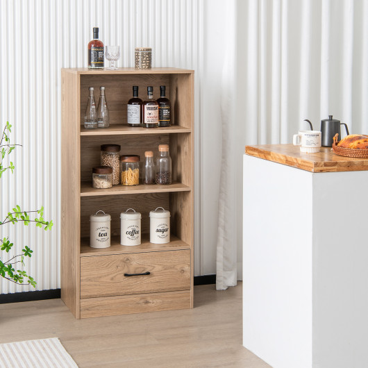 4-Tier Storage Bookcase with Open Shelves Drawer and Anti-toppling Device-Natural - Image 5