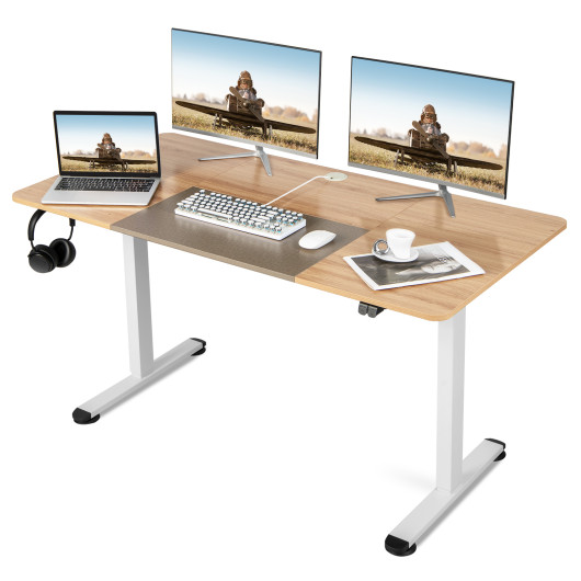 55 Inch Electric Height Adjustable Office Desk with Hook-Beige - Image 4