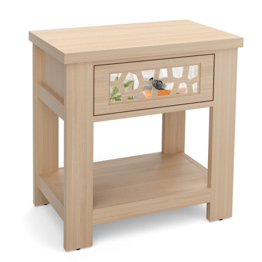 Wood Retro End Table with Mirrored Glass Drawer and Open Storage Shelf-Natural - Image 5