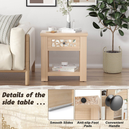 Wood Retro End Table with Mirrored Glass Drawer and Open Storage Shelf-Natural - Image 2