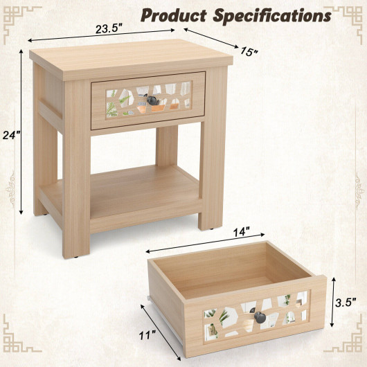Wood Retro End Table with Mirrored Glass Drawer and Open Storage Shelf-Natural - Image 3