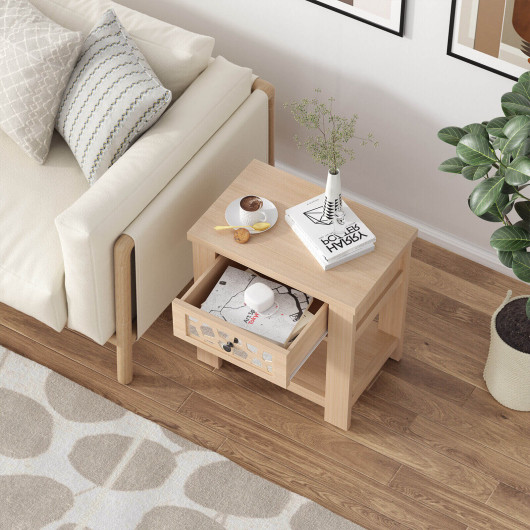 Wood Retro End Table with Mirrored Glass Drawer and Open Storage Shelf-Natural - Image 4