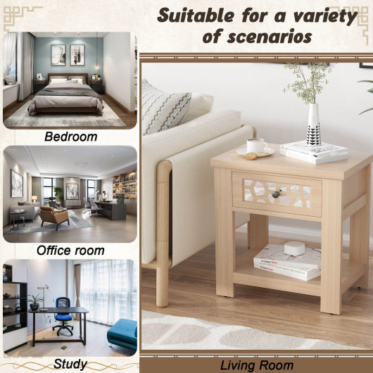 Wood Retro End Table with Mirrored Glass Drawer and Open Storage Shelf-Natural - Image 6