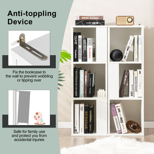3-Tier 6 Cube Freestanding Bookcase with Anti-toppling Device-White - Image 2