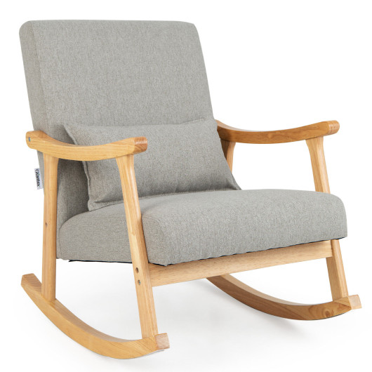 Upholstered Rocking Chair with Pillow and Rubber Wood Frame-Gray - Image 4