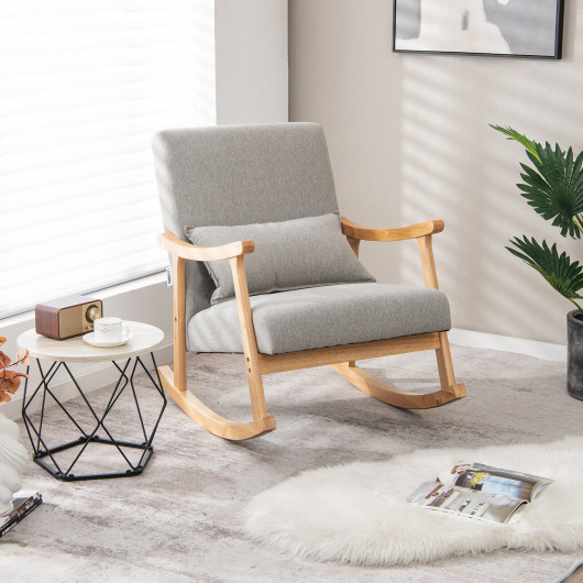 Upholstered Rocking Chair with Pillow and Rubber Wood Frame-Gray - Image 3