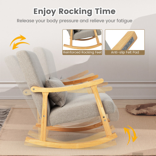 Upholstered Rocking Chair with Pillow and Rubber Wood Frame-Gray - Image 5