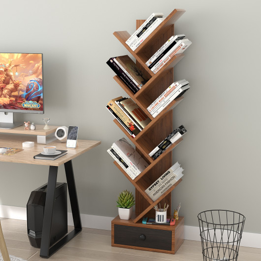 10-Tier Tree Bookshelf with Drawer and Anti-Tipping Kit-Brown - Image 4