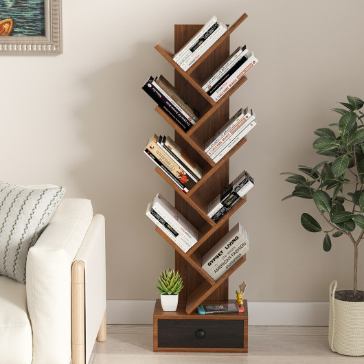 10-Tier Tree Bookshelf with Drawer and Anti-Tipping Kit-Brown - Image 5