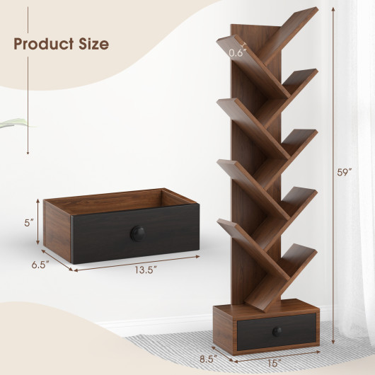 10-Tier Tree Bookshelf with Drawer and Anti-Tipping Kit-Brown - Image 2