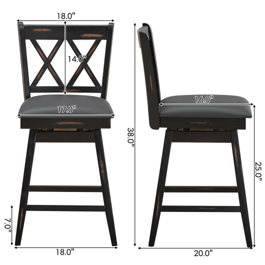 2 Pieces 24 Inch Swivel Counter Height Barstool Set with Rubber Wood Legs-Black - Image 2