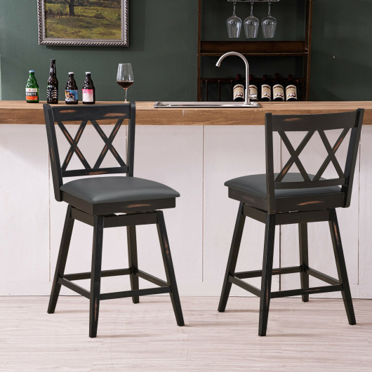 2 Pieces 24 Inch Swivel Counter Height Barstool Set with Rubber Wood Legs-Black - Image 6
