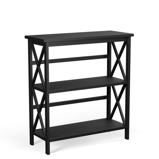 3-Tier Wooden Multi-Functional X-Design Etagere Storage Bookshelf-Black - Image 2
