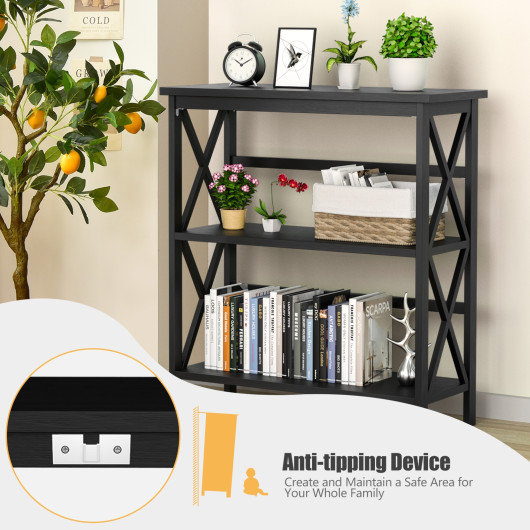 3-Tier Wooden Multi-Functional X-Design Etagere Storage Bookshelf-Black - Image 5