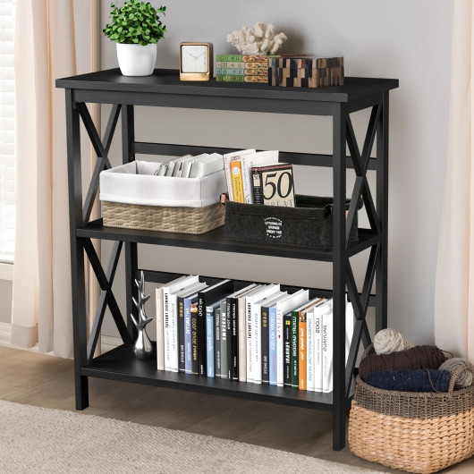 3-Tier Wooden Multi-Functional X-Design Etagere Storage Bookshelf-Black - Image 6