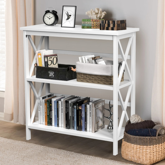 3-Tier Wooden Multi-Functional X-Design Etagere Storage Bookshelf-White - Image 5