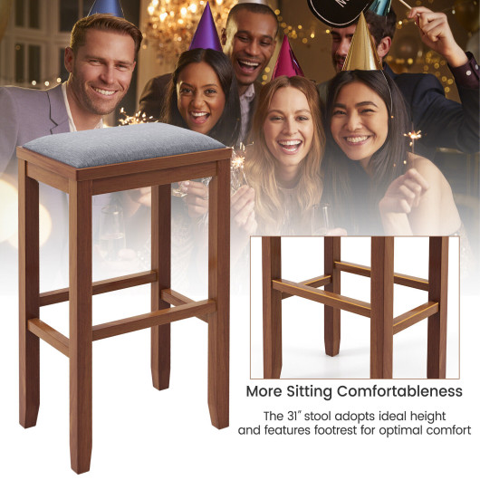 2 Pieces 31 Inch Upholstered Bar Stool Set with Solid Rubber Wood Frame and Footres-Brown - Image 2