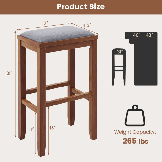 2 Pieces 31 Inch Upholstered Bar Stool Set with Solid Rubber Wood Frame and Footres-Brown - Image 6