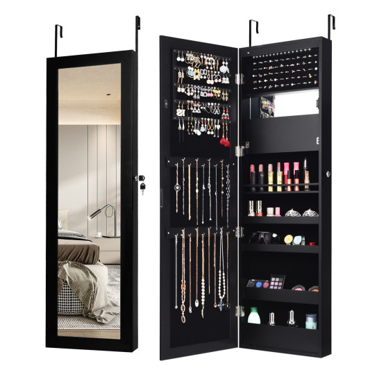 Lockable Wall Door Mounted Mirror Jewelry Cabinet w-LED Lights-Black