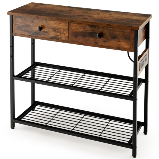 Narrow Console Table with 2 Drawers and 2 Metal Mesh Shelves-Rustic Brown - Image 5