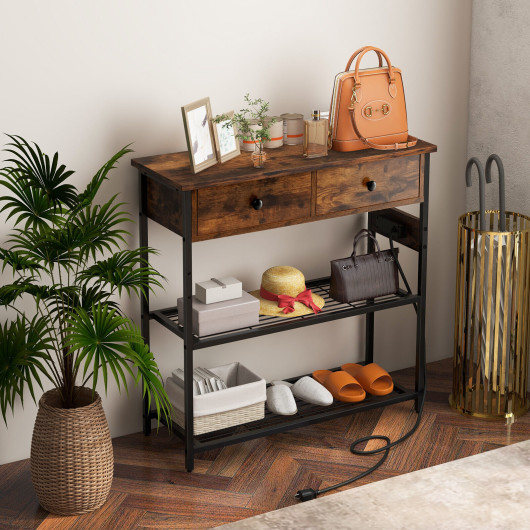 Narrow Console Table with 2 Drawers and 2 Metal Mesh Shelves-Rustic Brown - Image 6