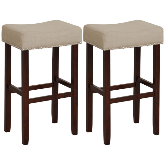 2 Set of 29 Inch Height Upholstered Bar Stool with Solid Rubber Wood Legs and Footrest-Beige - Image 5