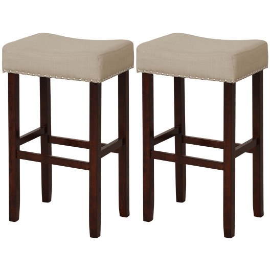 2 Set of 29 Inch Height Upholstered Bar Stool with Solid Rubber Wood Legs and Footrest-Beige - Image 3