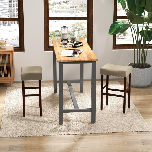 2 Set of 29 Inch Height Upholstered Bar Stool with Solid Rubber Wood Legs and Footrest-Beige - Image 6
