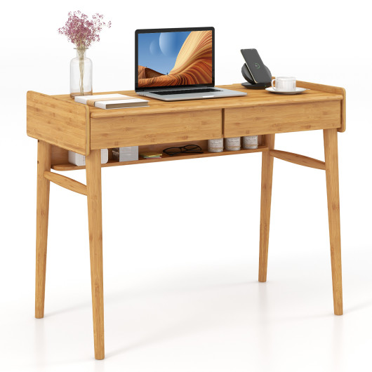 Bamboo Writing Desk with 2 Storage Drawers and Open Shelf-Natural - Image 2