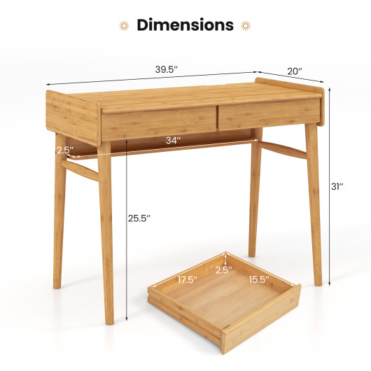 Bamboo Writing Desk with 2 Storage Drawers and Open Shelf-Natural - Image 3