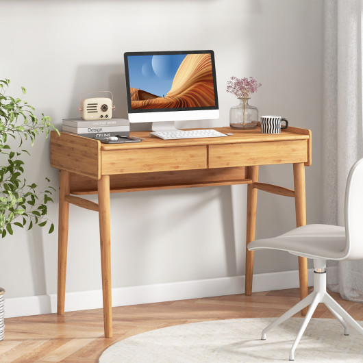 Bamboo Writing Desk with 2 Storage Drawers and Open Shelf-Natural - Image 4