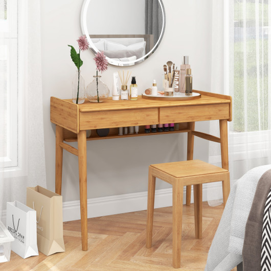 Bamboo Writing Desk with 2 Storage Drawers and Open Shelf-Natural - Image 5