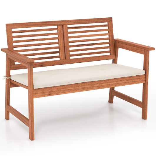 2-Person Solid Wood Patio Bench with Backrest and Cushion