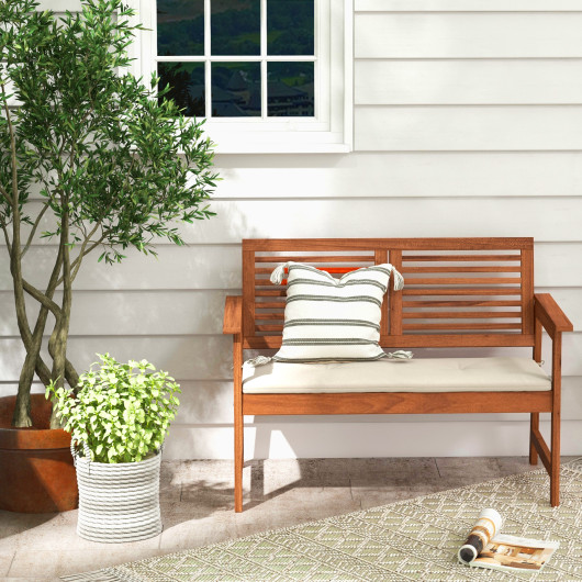 2-Person Solid Wood Patio Bench with Backrest and Cushion - Image 3