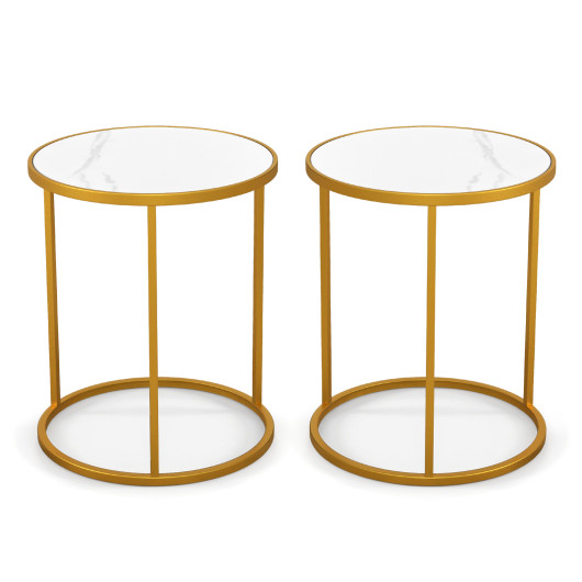16 Inch Marble Top Round Side Table with Golden Metal Frame for Living Room Bedroom-Set of 2