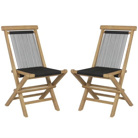 2 Piece Patio Folding Chairs with Woven Rope Seat and Back for Porch Backyard Poolside - Image 2