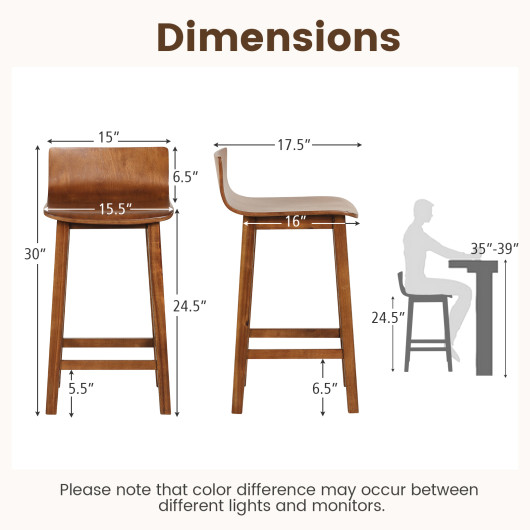 Wood Bar Stools Set of 2 with Solid Back and Seat - Image 6