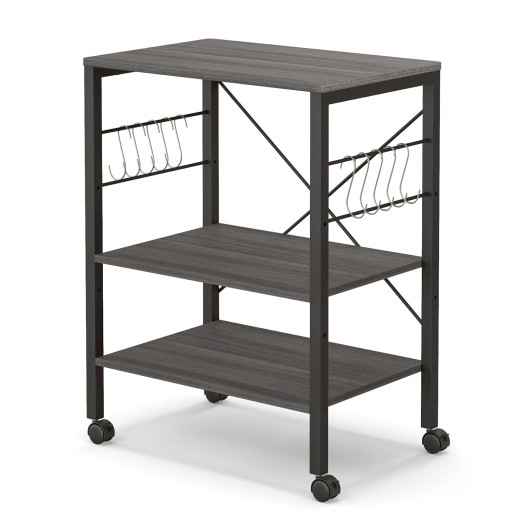 3-Tier Kitchen Baker's Rack Microwave Oven Storage Cart with Hooks-Charcoal Brown