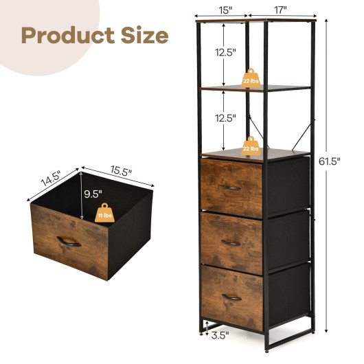 Freestanding Vertical 3 Drawer Dresser with 3 Shelves-Rustic Brown - Image 6